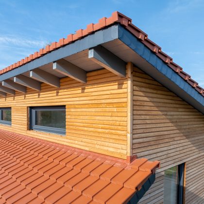 Firstdetails von Einfamilienhaus mit Dachziegel J160 in altrot mit Kurzrost auf Pultdach