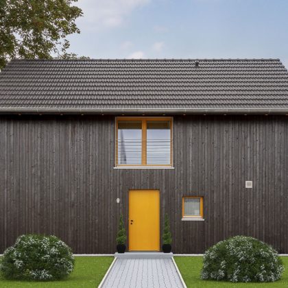 Geradliniges Holzhaus mit traditionellem Doppelmuldenfalzziegel Z2 in nachtgrau