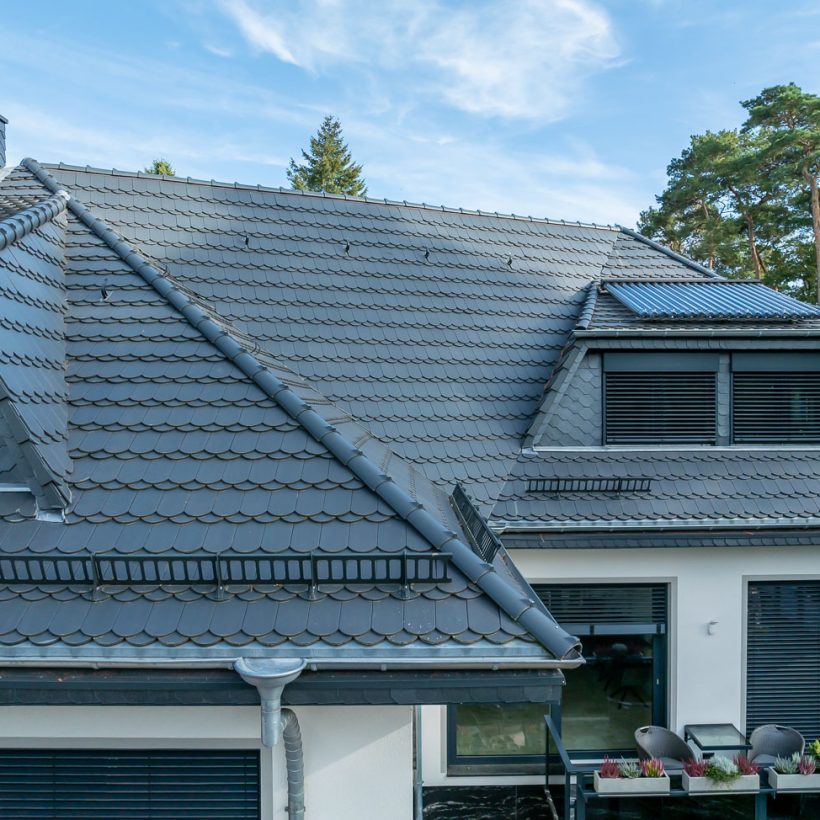 Biber im Rundschnitt in der Oberfläche edelschiefer auf Villa mit Terrasseneinblick
